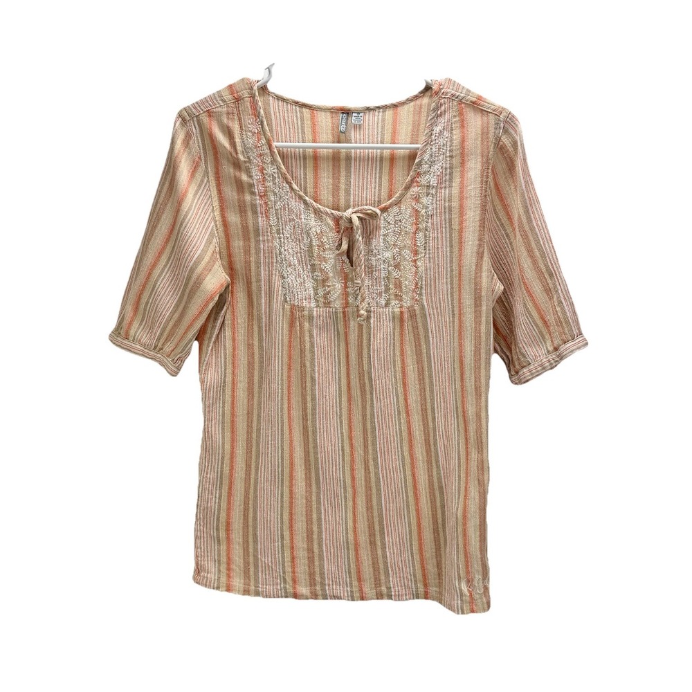 Rip Curl Womens Shana‎ Stripe Cotton Blouse With Embroidered Tie Neckline Size M